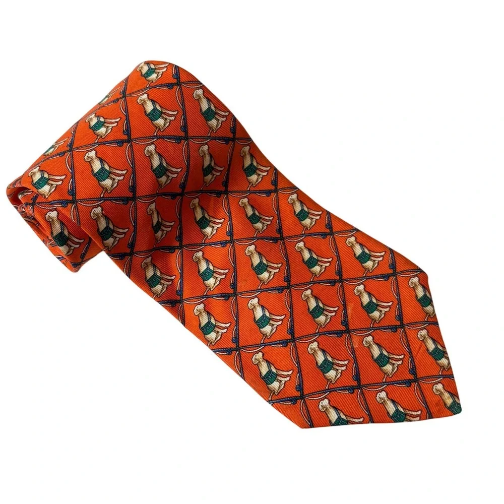 Brooks Brothers Silk Tie Orange Yellow‎ Labrador Dog Fishing Novelty Print USA